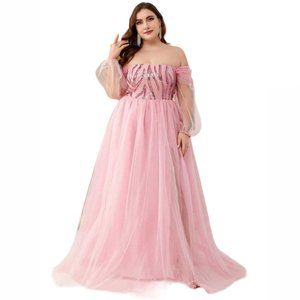 Pink Beaded & Mesh Patchwork Mermaid Off Shoulder Dress